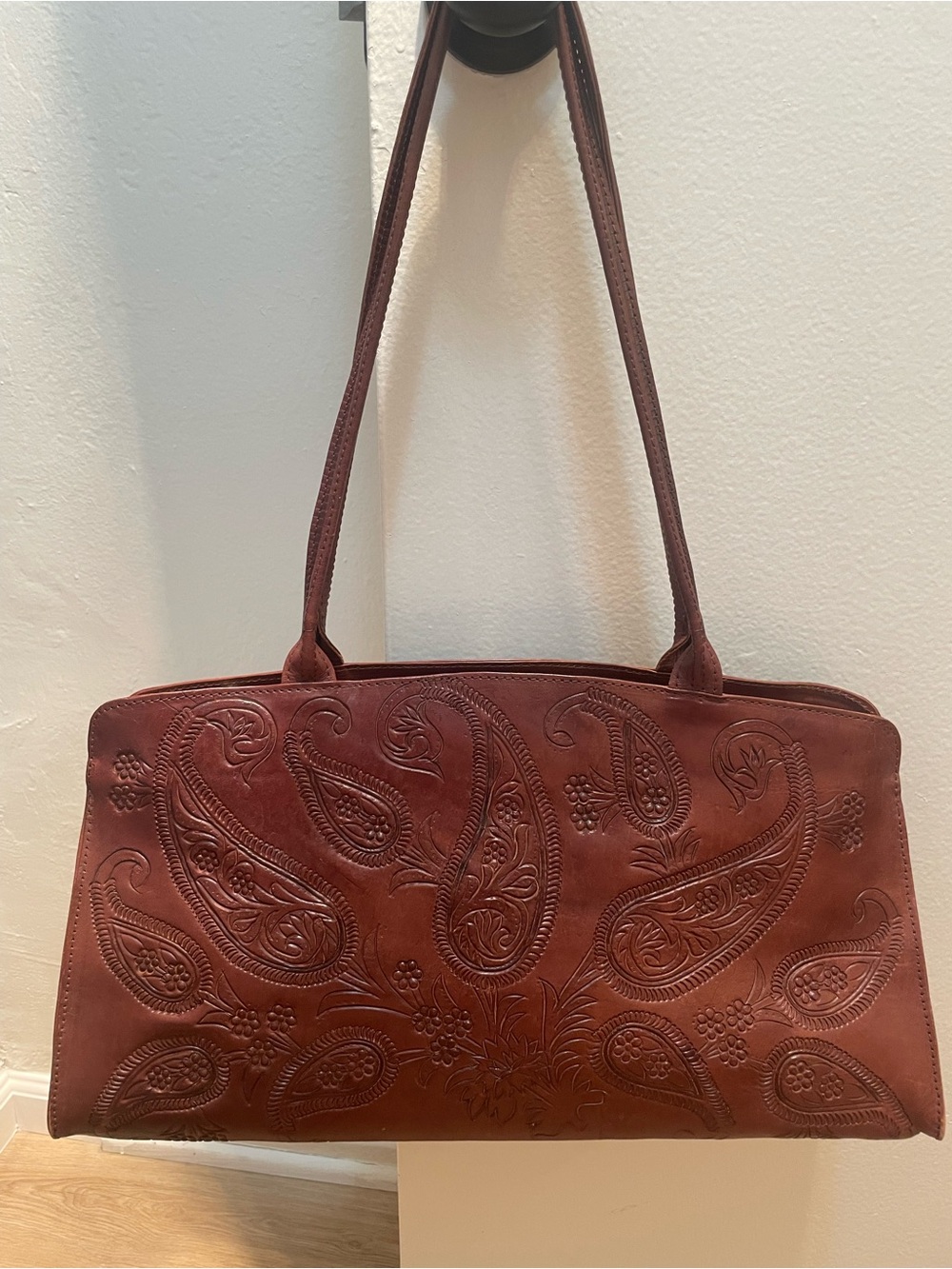 Leather Paisley-Embossed Shoulder Bag - Brown